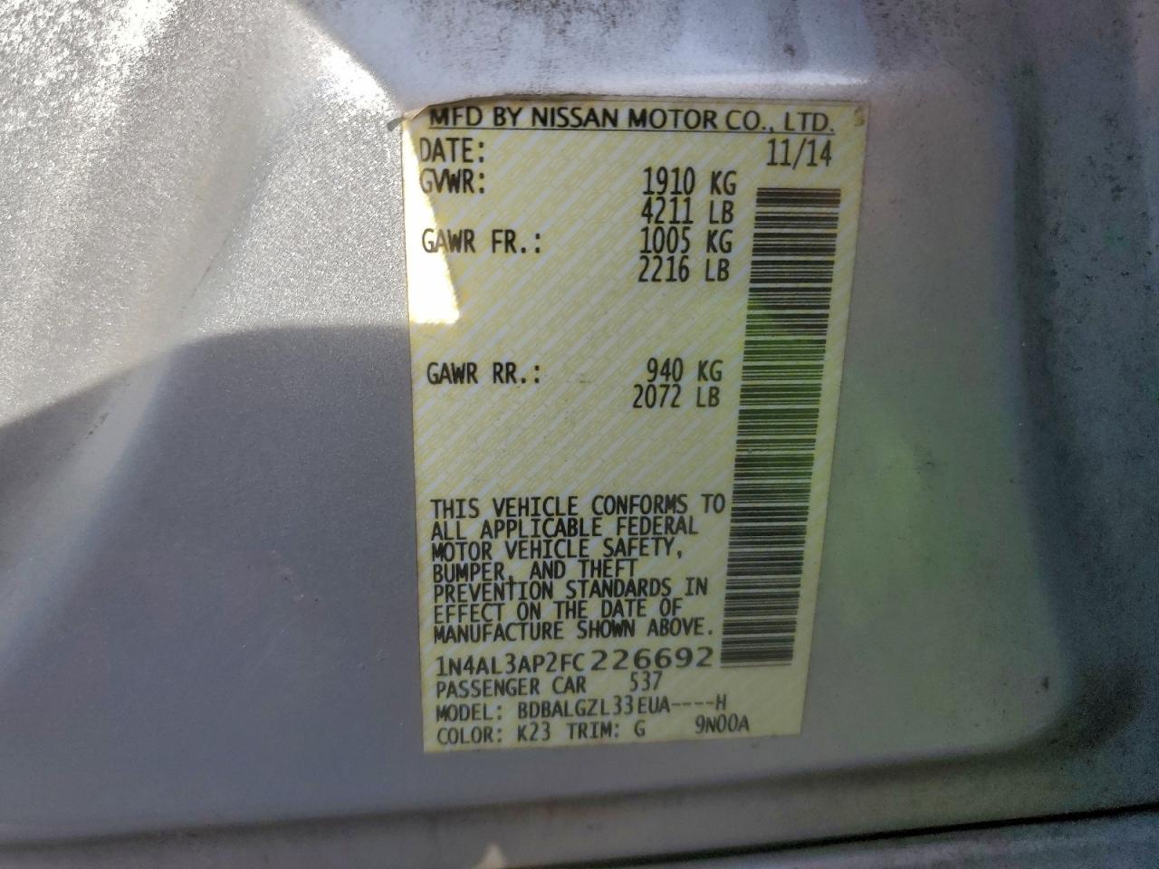 2015 Nissan Altima 2.5 VIN: 1N4AL3AP2FC226692 Lot: 93637875