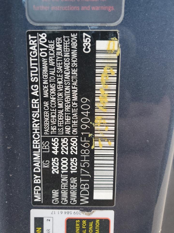 2006 Mercedes-Benz Clk 500 VIN: WDBTJ75H86F190409 Lot: 92794815