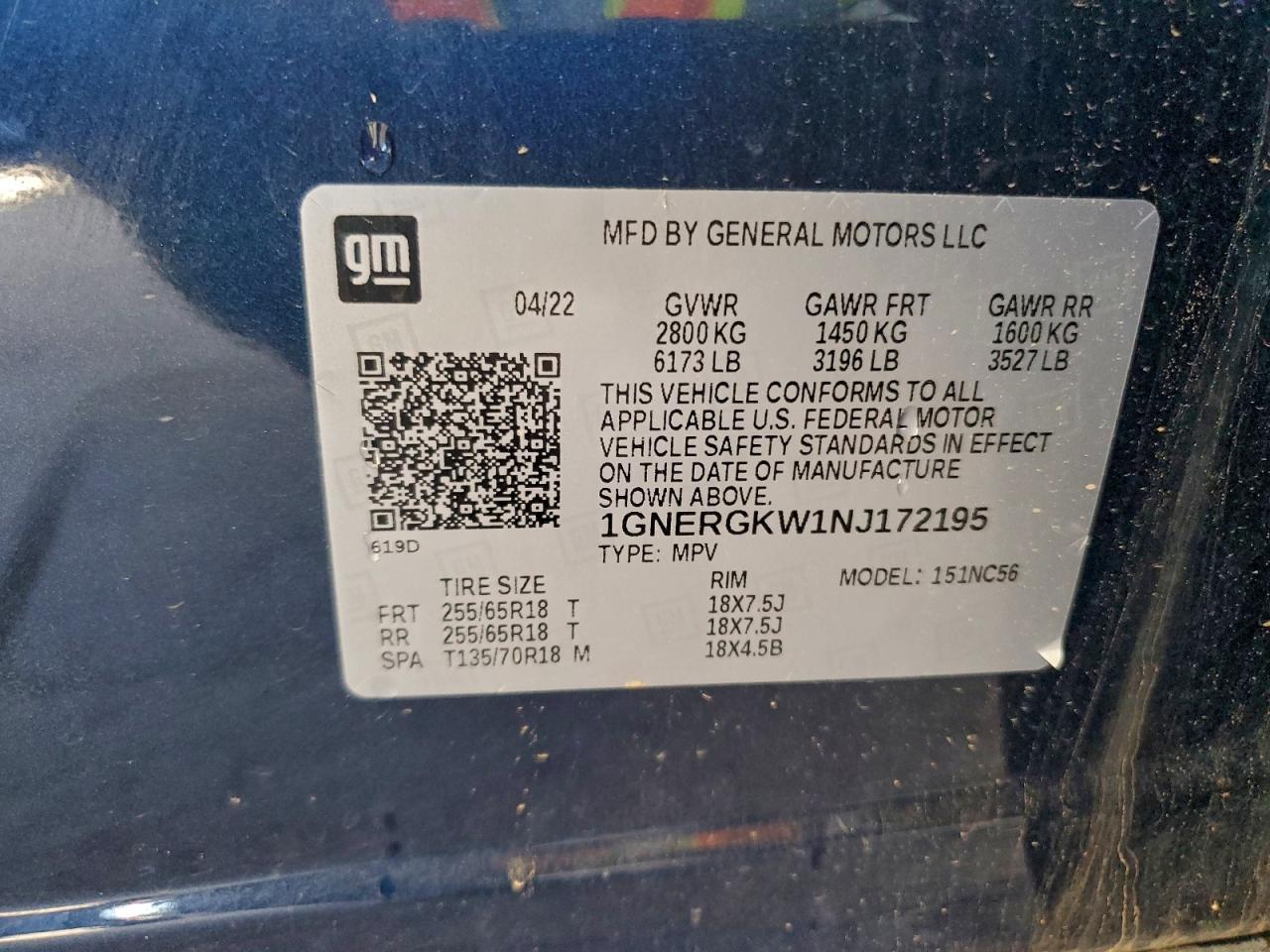 2022 Chevrolet Traverse Lt VIN: 1GNERGKW1NJ172195 Lot: 94716095