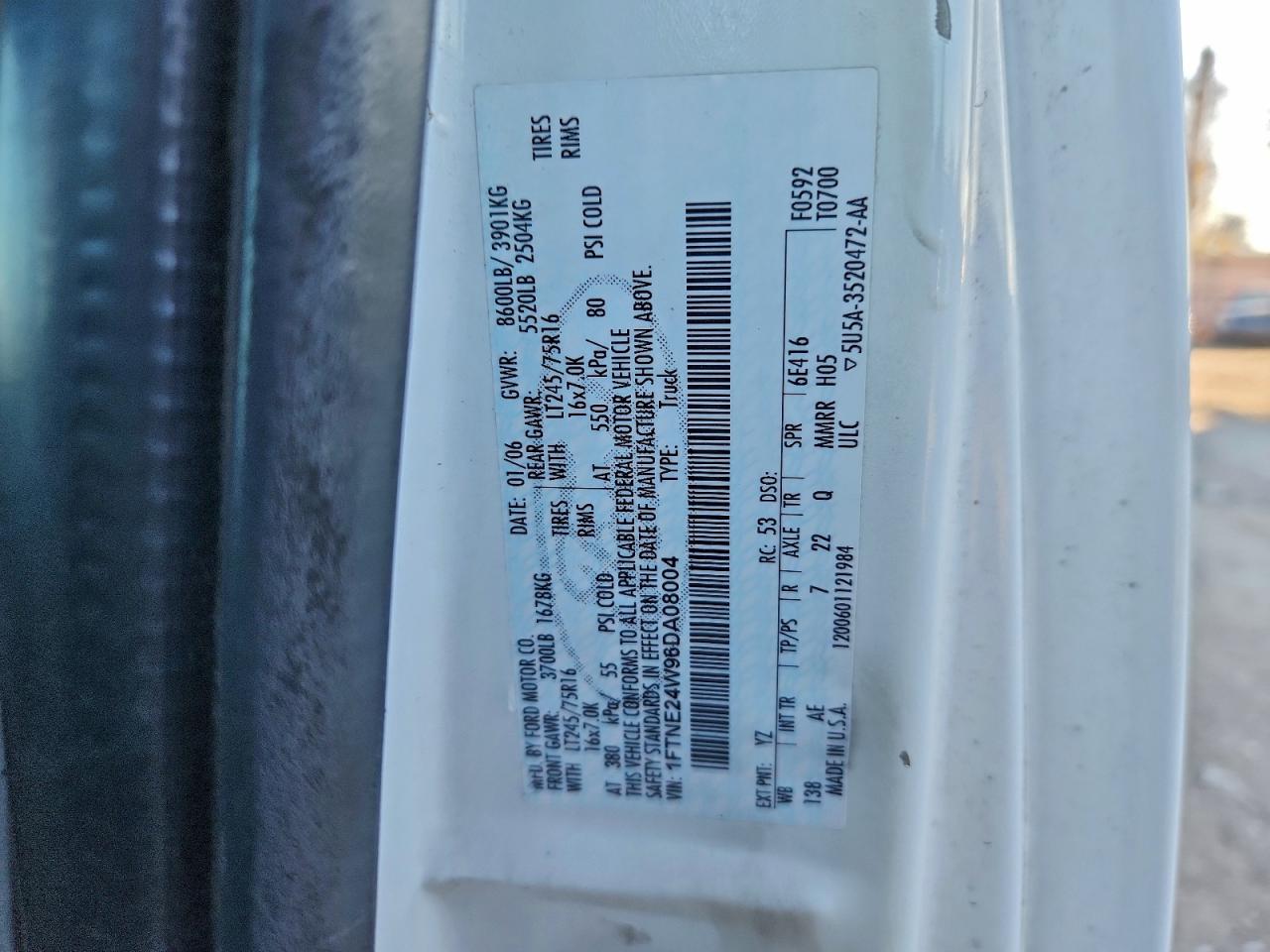 2006 Ford Econoline E250 Van VIN: 1FTNE24W96DA08004 Lot: 94032795