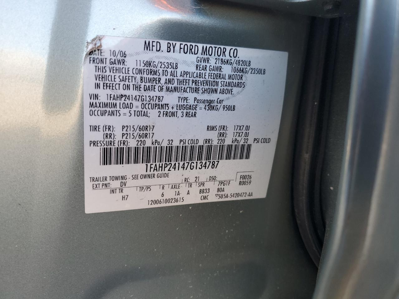 2007 Ford Five Hundred Sel VIN: 1FAHP24147G134787 Lot: 91499595