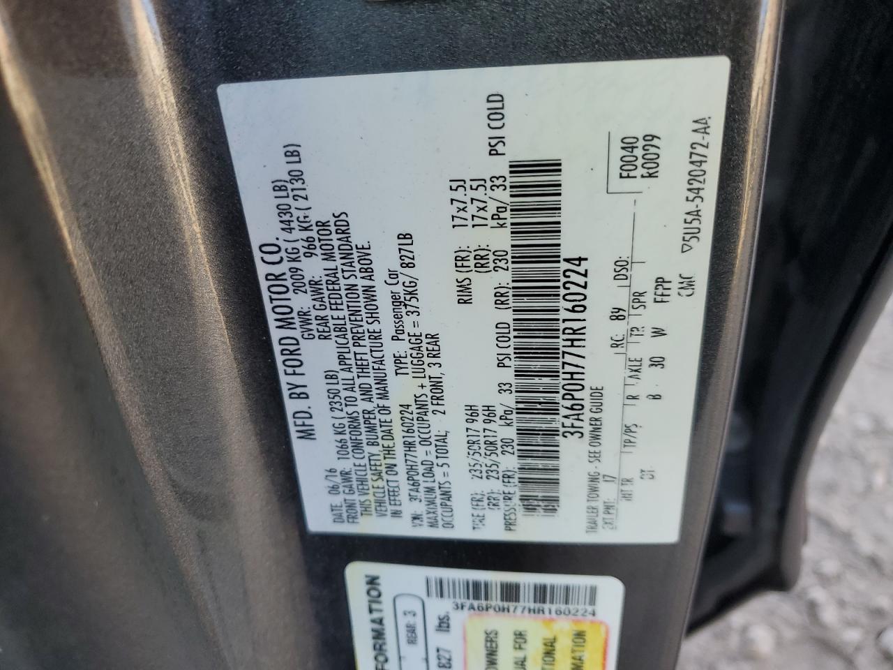 2017 Ford Fusion Se VIN: 3FA6P0H77HR160224 Lot: 92064285