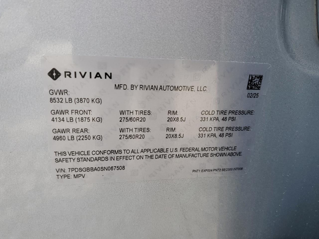 2025 Rivian R1S Adventure VIN: 7PDSGBBA0SN067508 Lot: 93614475
