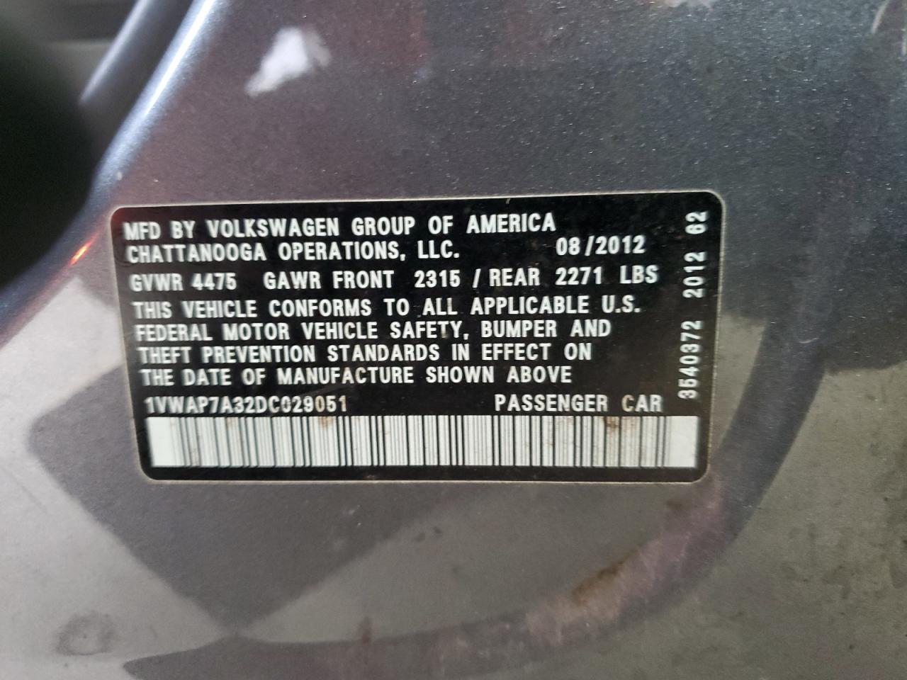 2013 Volkswagen Passat S VIN: 1VWAP7A32DC029051 Lot: 93831965