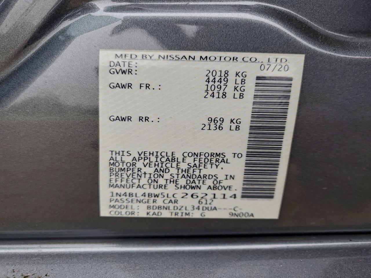 2020 Nissan Altima S VIN: 1N4BL4BW5LC262114 Lot: 93947205