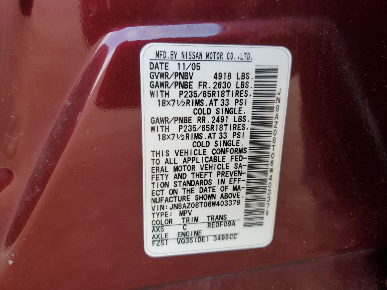 2006 Nissan Murano Sl VIN: JN8AZ08T06W403379 Lot: 91516895