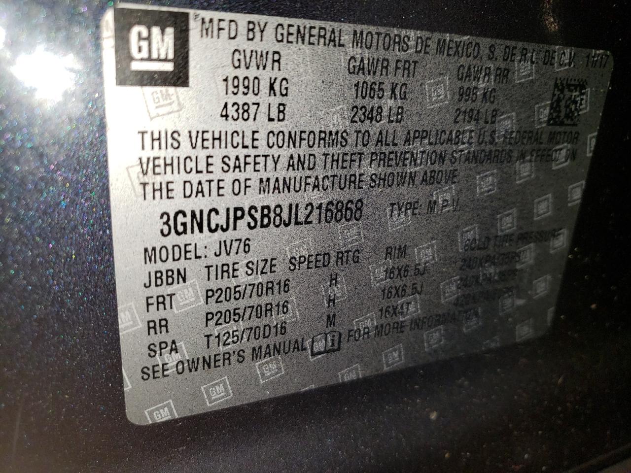 2018 Chevrolet Trax 1Lt VIN: 3GNCJPSB8JL216868 Lot: 92445895