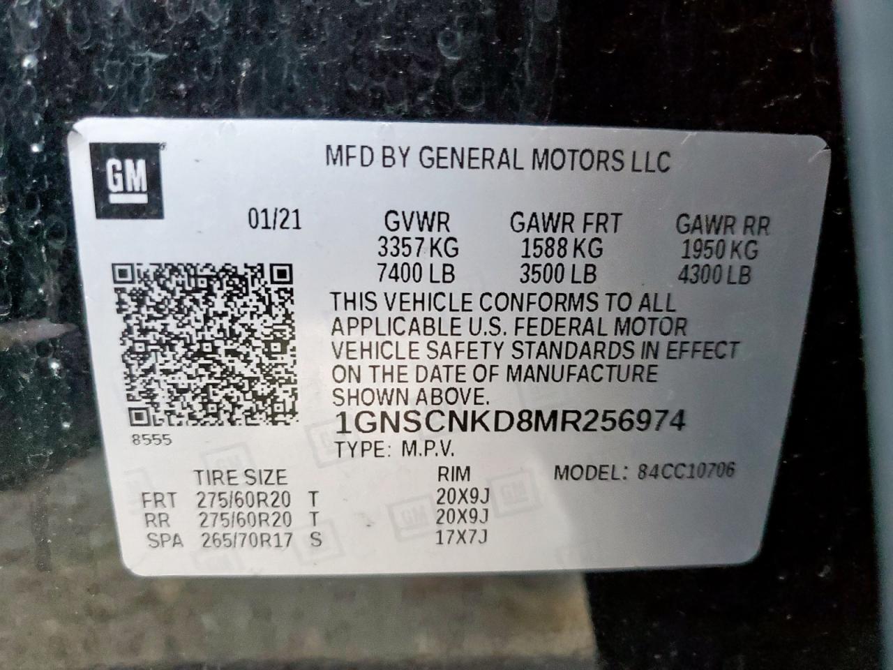 2021 Chevrolet Tahoe C1500 Lt VIN: 1GNSCNKD8MR256974 Lot: 92261895