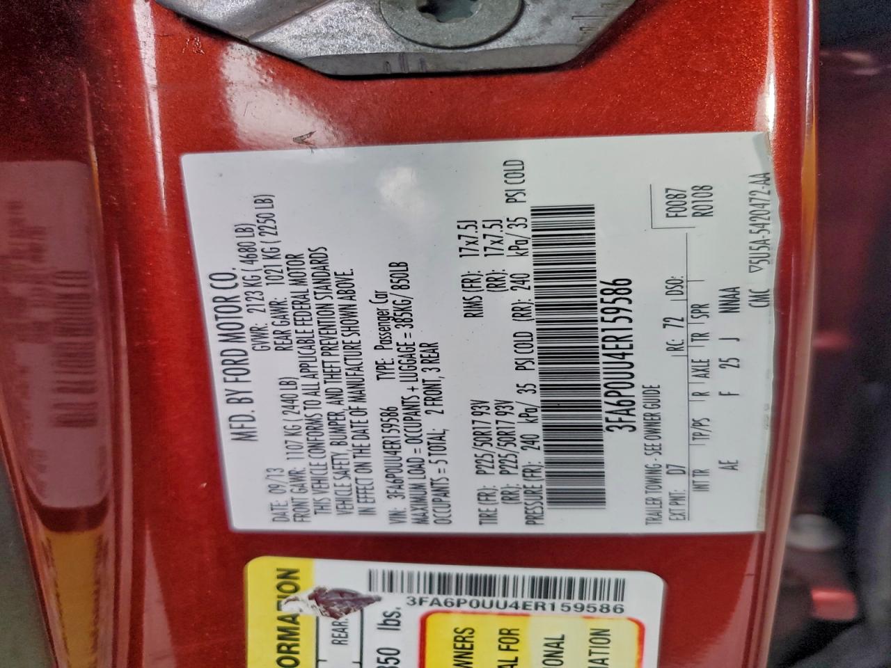 2014 Ford Fusion S Hybrid VIN: 3FA6P0UU4ER159586 Lot: 94521175