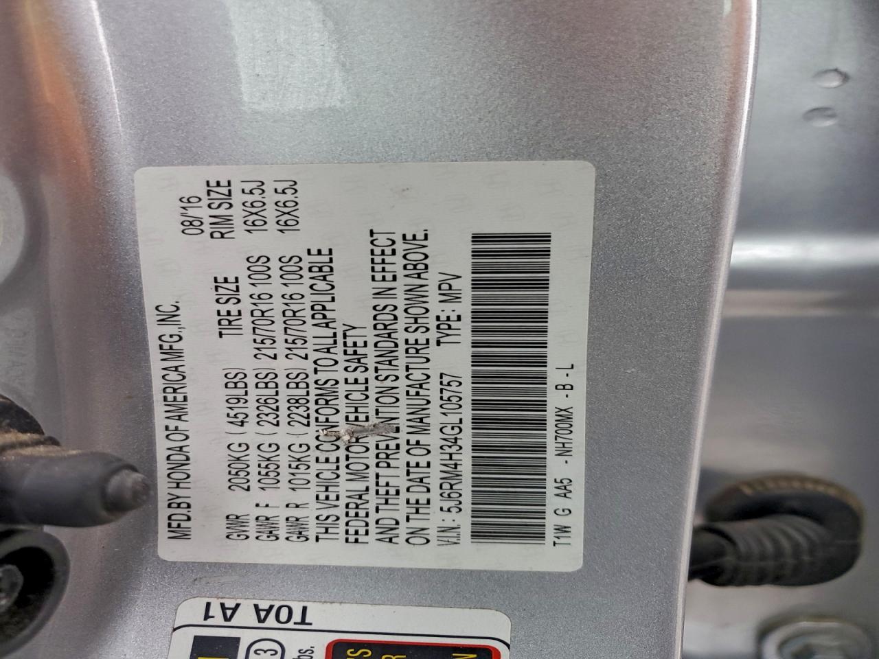 2016 Honda Cr-V Lx VIN: 5J6RM4H34GL105757 Lot: 94596605