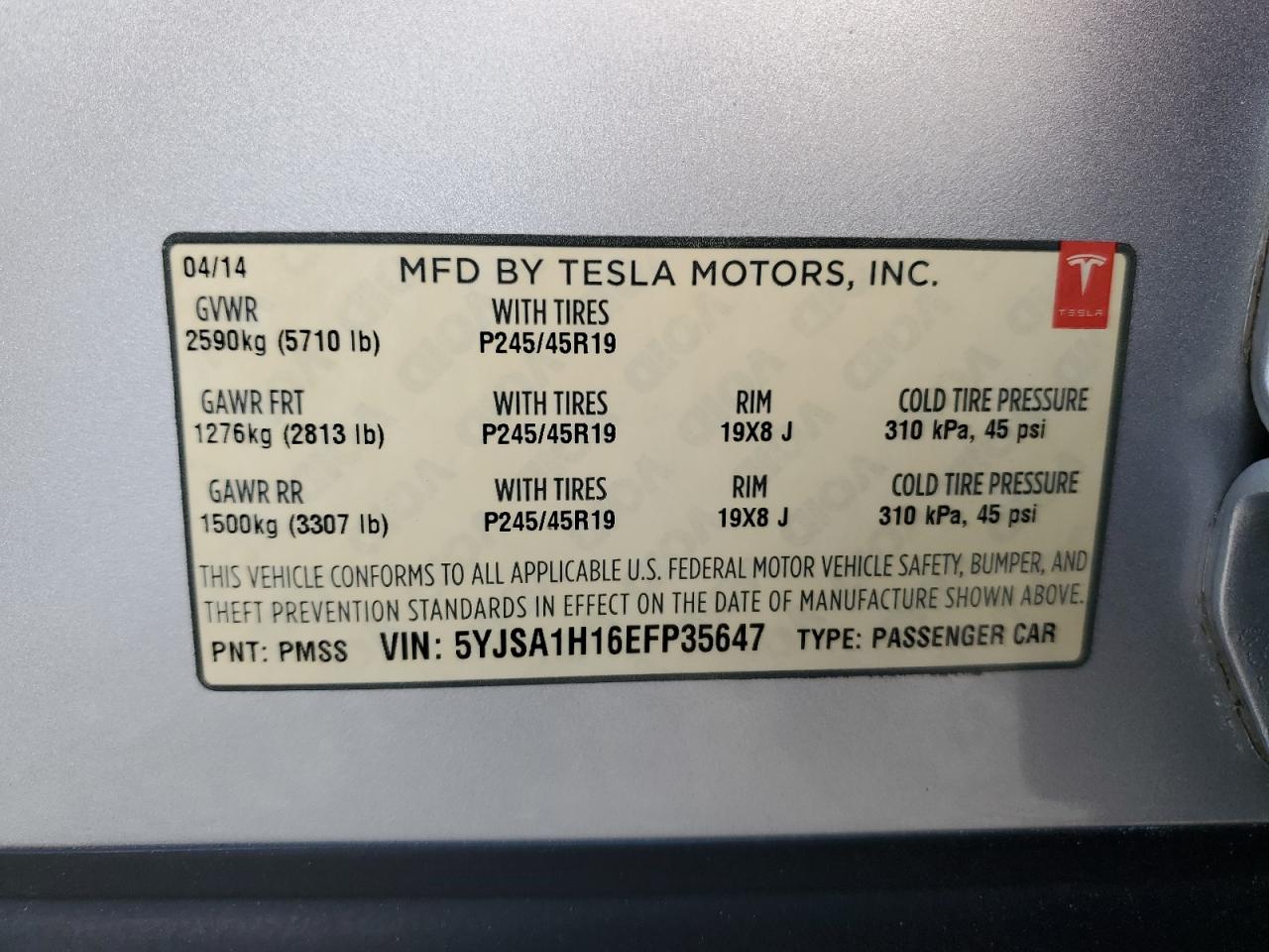 2014 Tesla Model S VIN: 5YJSA1H16EFP35647 Lot: 91348945