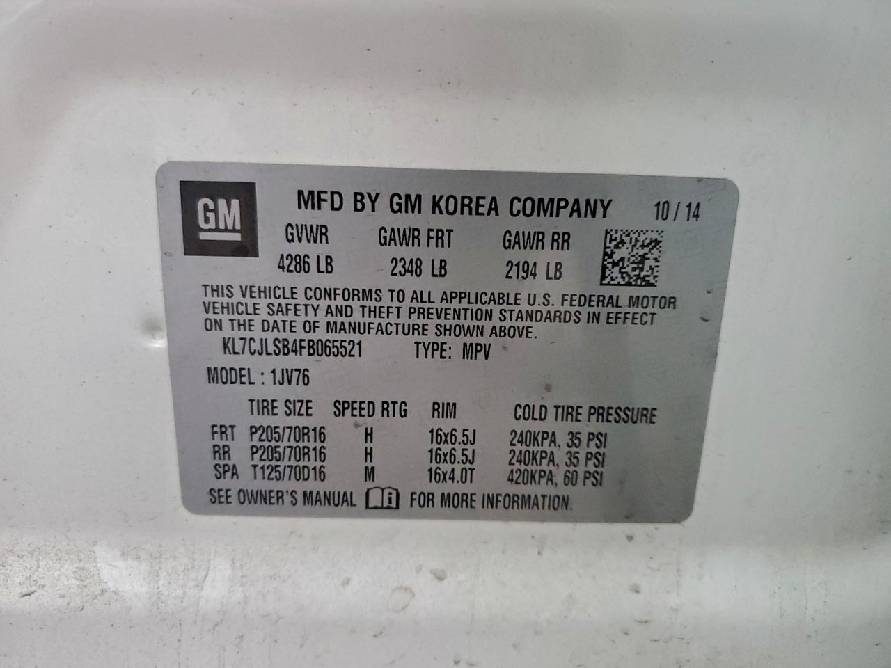 2015 Chevrolet Trax 1Lt VIN: KL7CJLSB4FB065521 Lot: 94082475