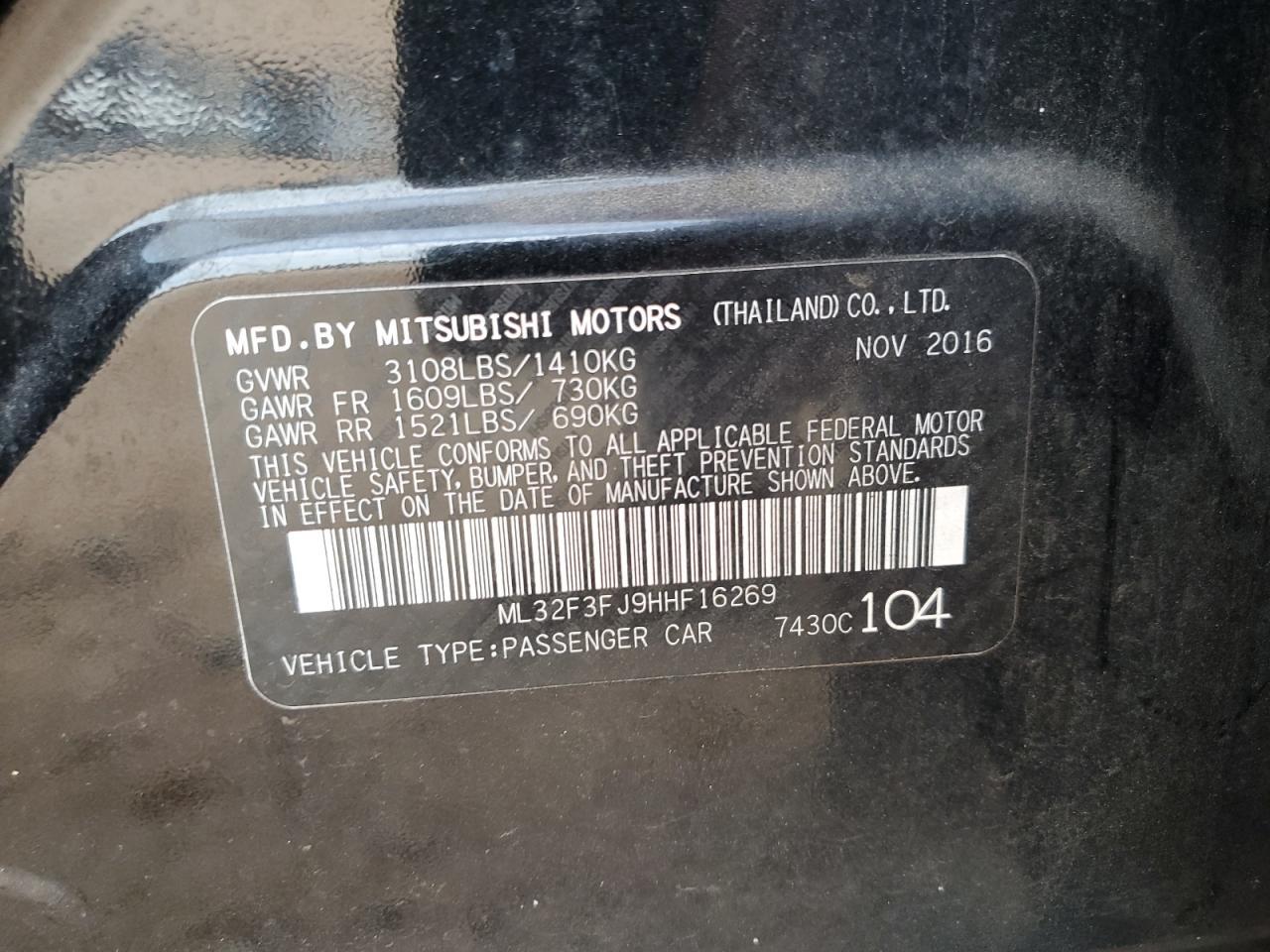 2017 Mitsubishi Mirage G4 Es VIN: ML32F3FJ9HHF16269 Lot: 92266125