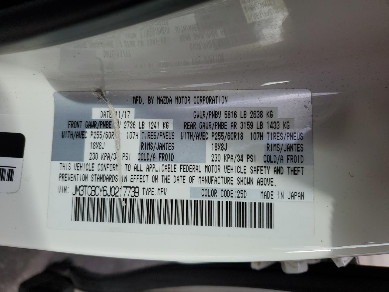 2018 Mazda Cx-9 Touring VIN: JM3TCBCY6J0217739 Lot: 92059635