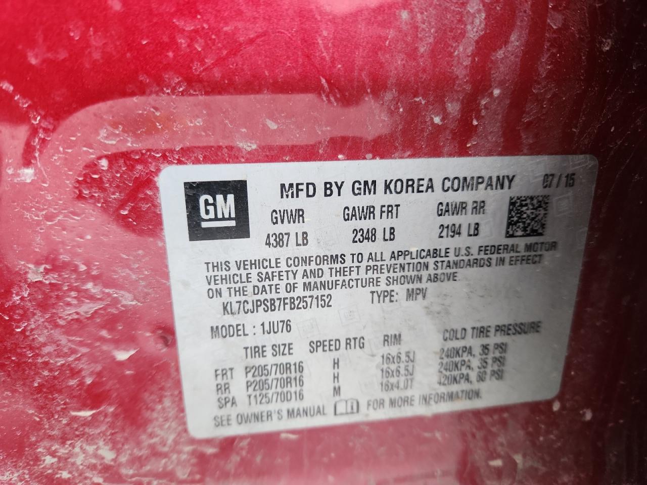 2015 Chevrolet Trax 1Ls VIN: KL7CJPSB7FB257152 Lot: 93262875