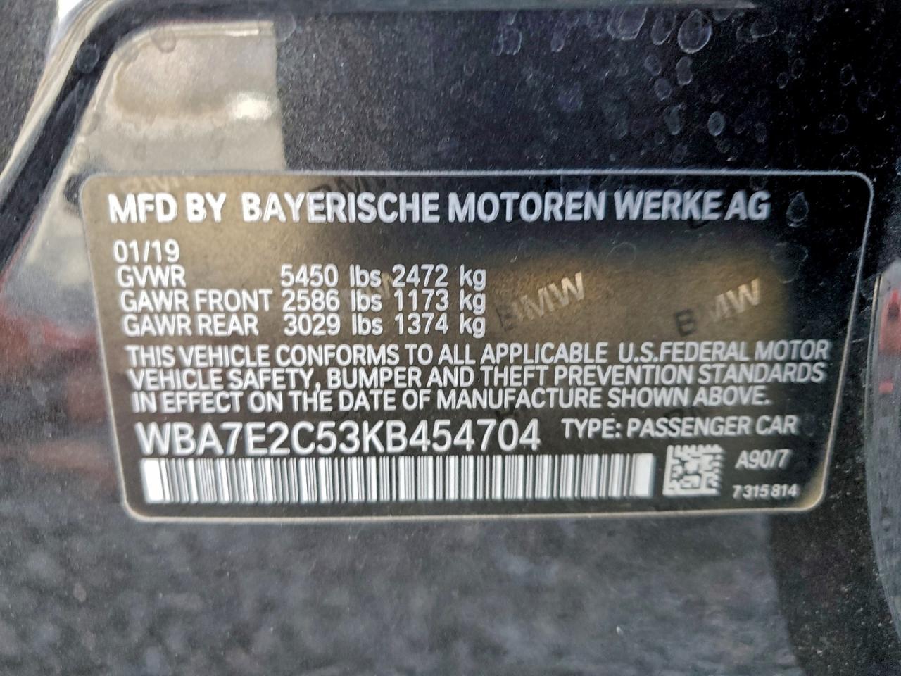 2019 BMW 740 I VIN: WBA7E2C53KB454704 Lot: 93749265