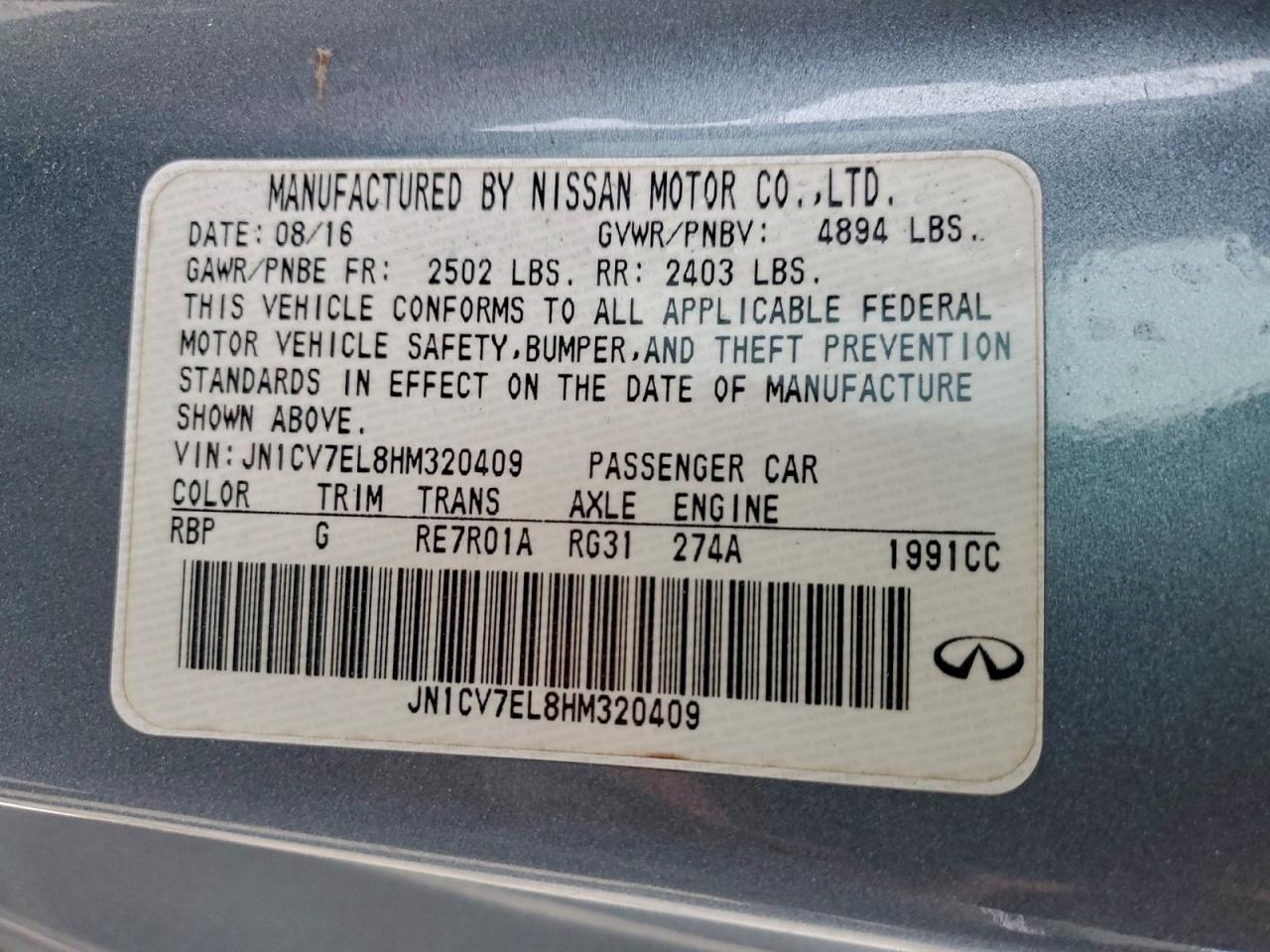 2017 Infiniti Q60 Base VIN: JN1CV7EL8HM320409 Lot: 92709935