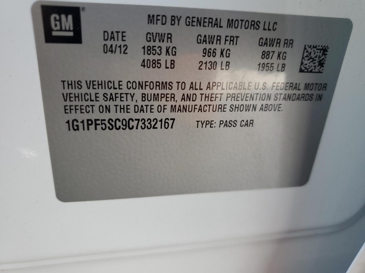 2012 Chevrolet Cruze Lt VIN: 1G1PF5SC9C7332167 Lot: 91668165