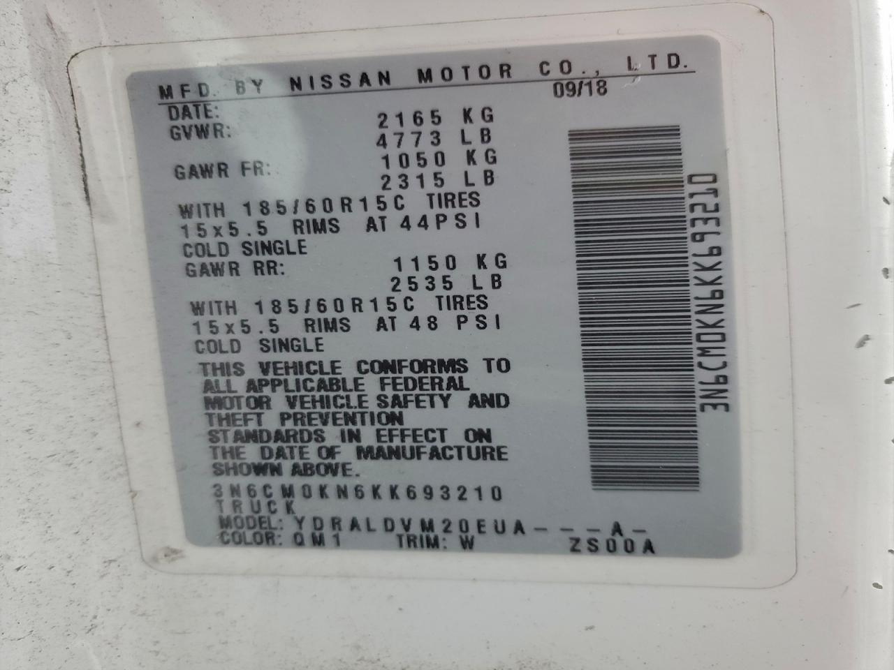 2019 Nissan Nv200 2.5S Van VIN: 3N6CM0KN6KK693210 Lot: 93937295