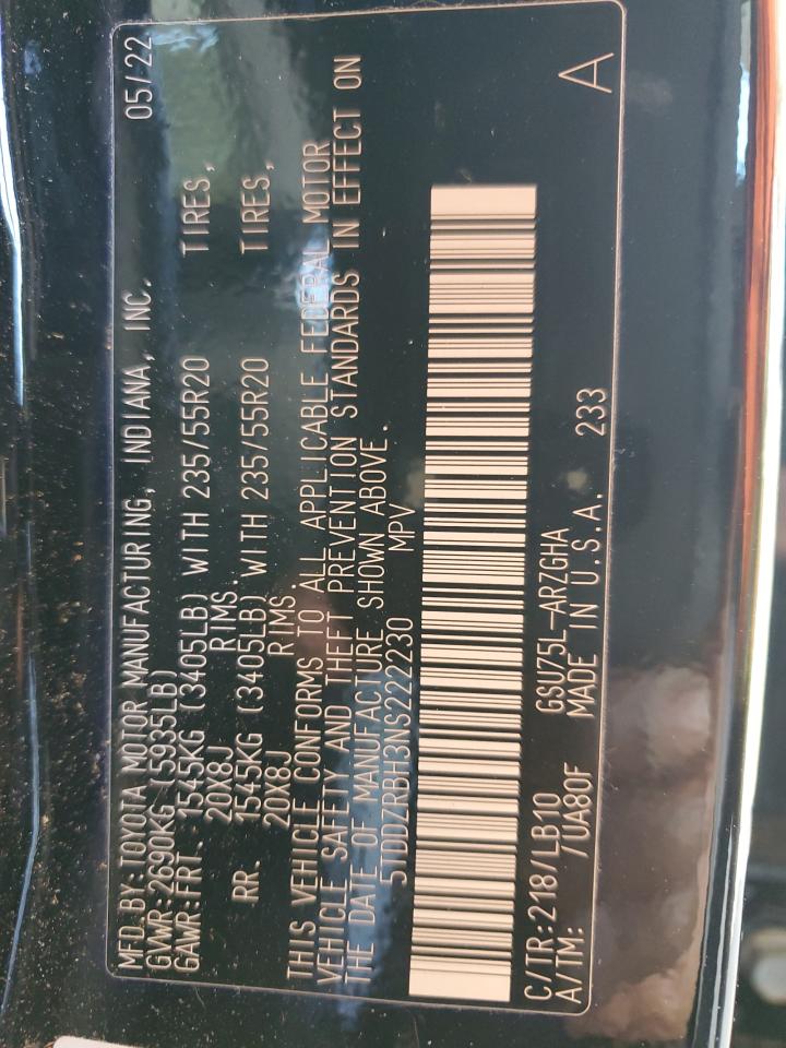 2022 Toyota Highlander Limited VIN: 5TDDZRBH3NS222230 Lot: 93078835