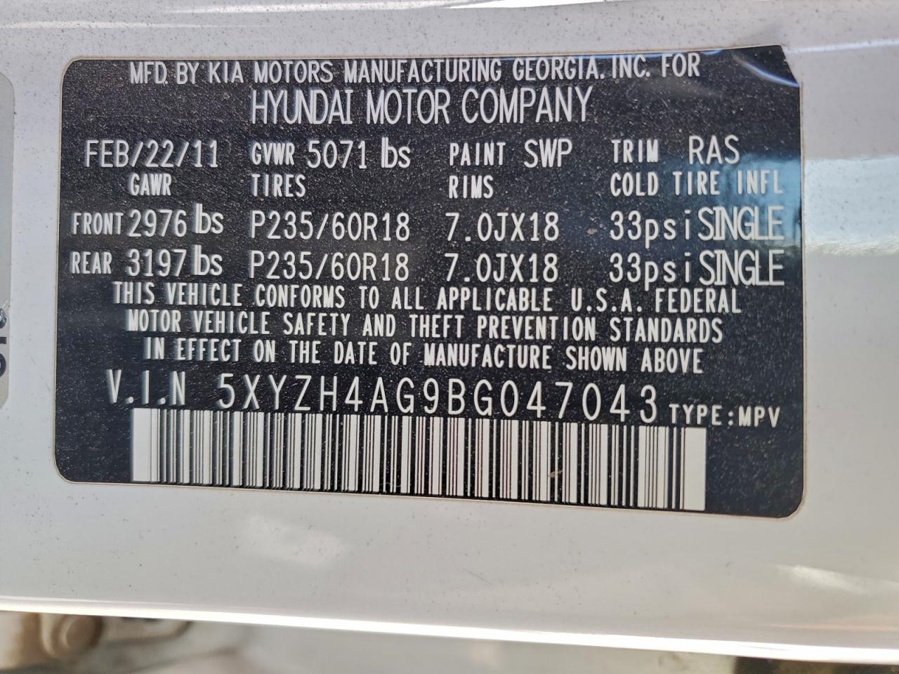 2011 Hyundai Santa Fe Se VIN: 5XYZH4AG9BG047043 Lot: 94426335