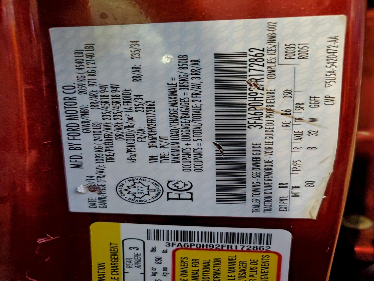 2015 Ford Fusion Se VIN: 3FA6P0H92FR172862 Lot: 94162805