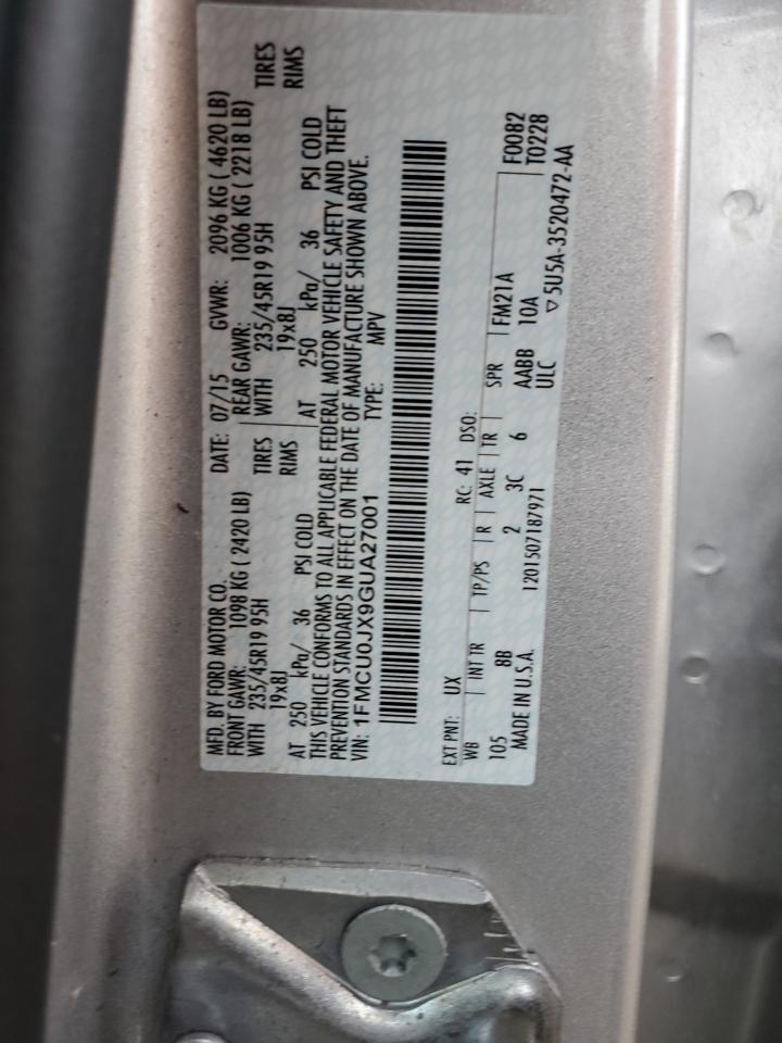 2016 Ford Escape Titanium VIN: 1FMCU0JX9GUA27001 Lot: 92913135