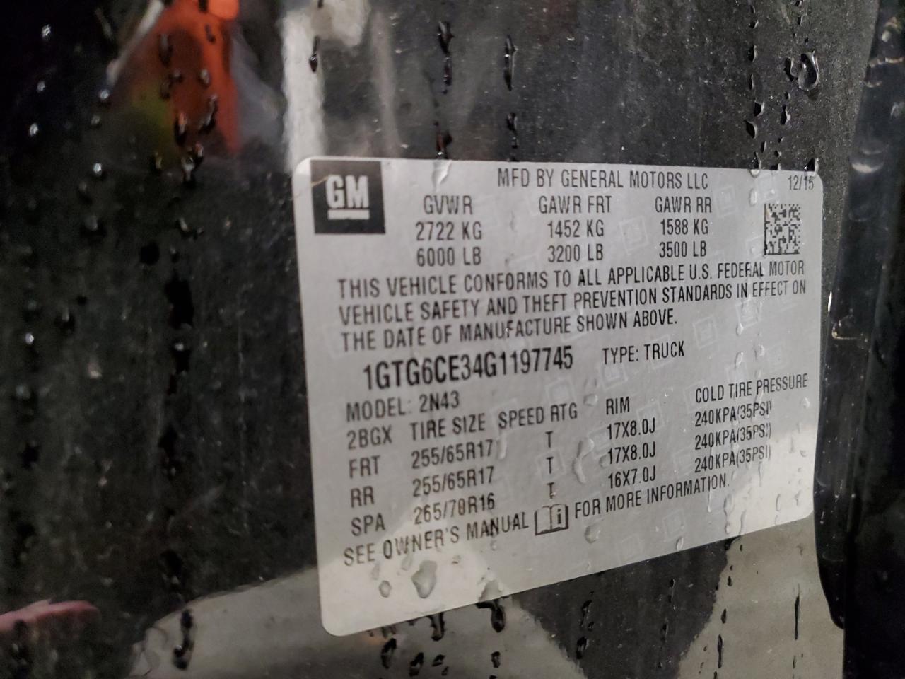 2016 GMC Canyon Sle VIN: 1GTG6CE34G1197745 Lot: 93363905