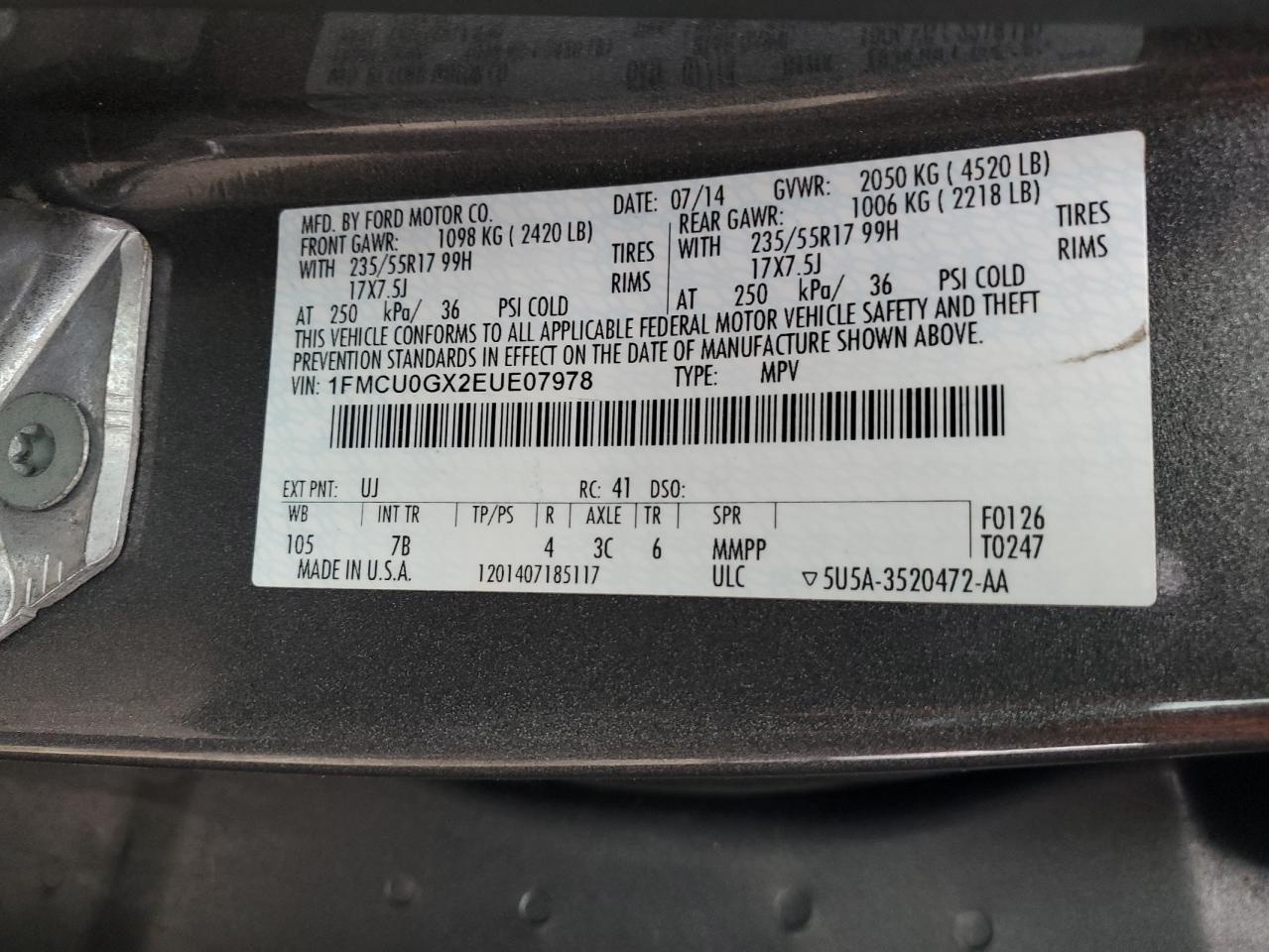 2014 Ford Escape Se VIN: 1FMCU0GX2EUE07978 Lot: 93019685