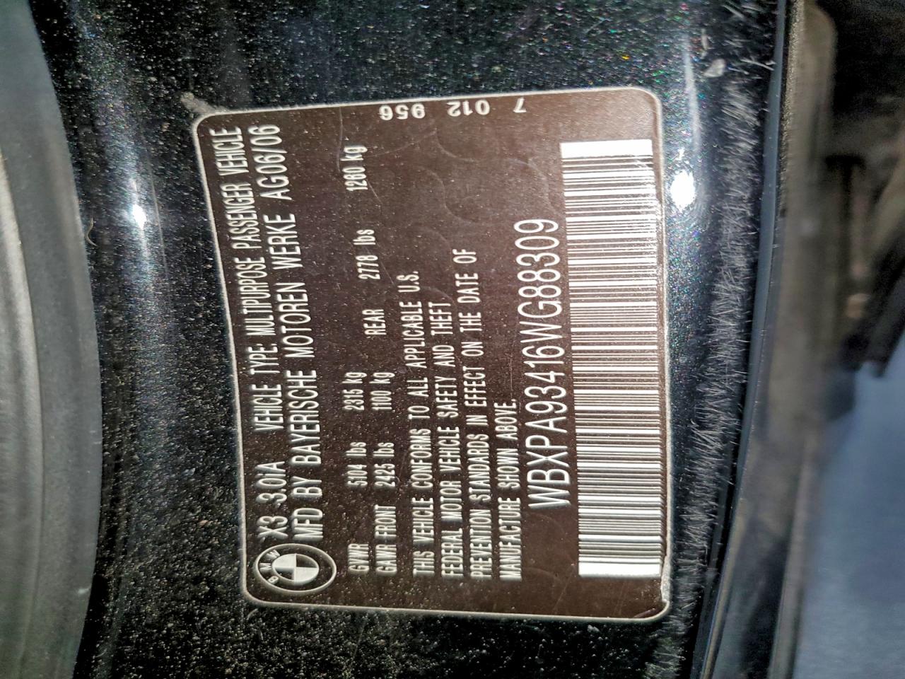 2006 BMW X3 3.0I VIN: WBXPA93416WG88309 Lot: 94112855