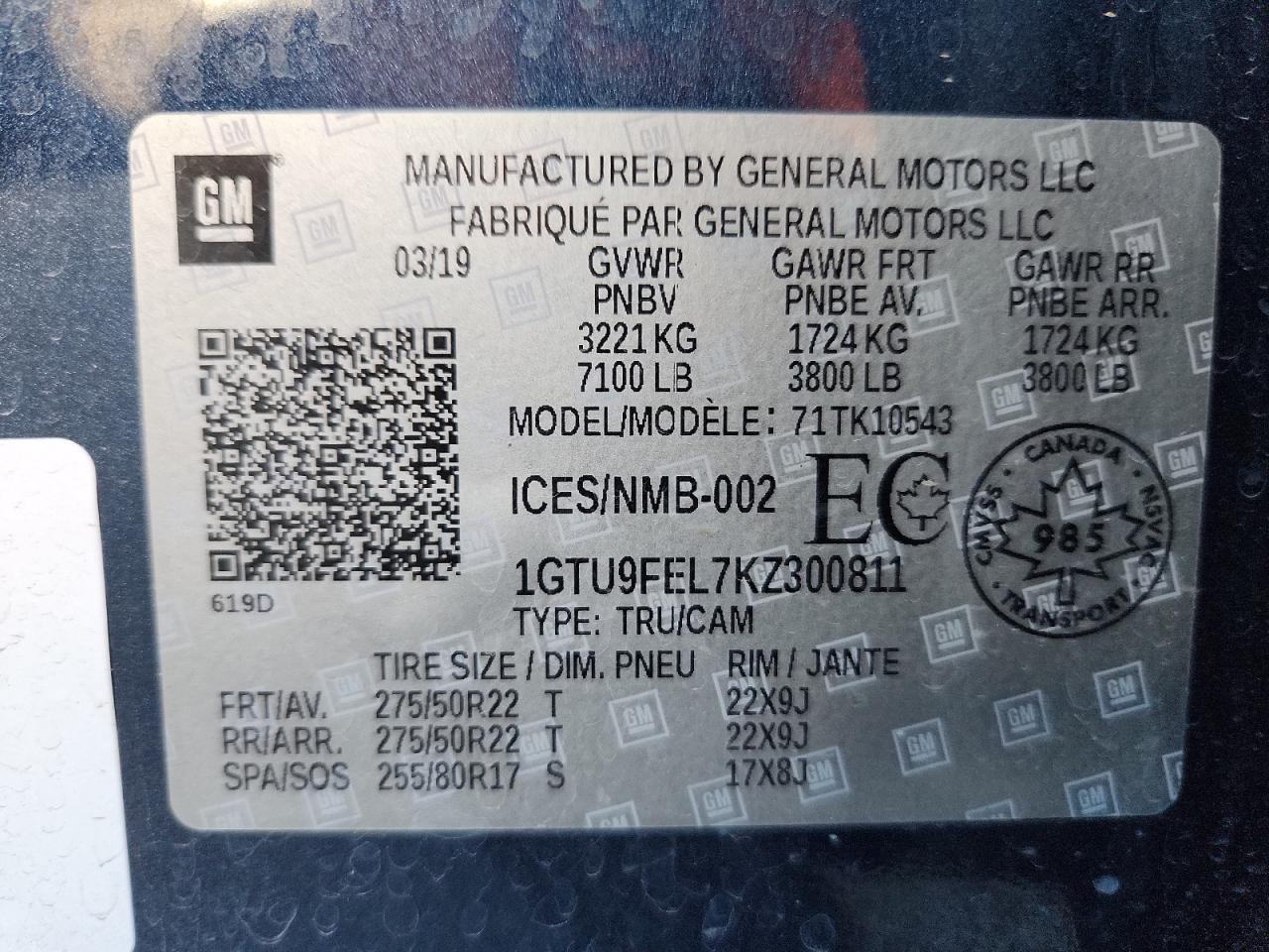 2019 GMC Sierra K1500 Denali VIN: 1GTU9FEL7KZ300811 Lot: 92423425