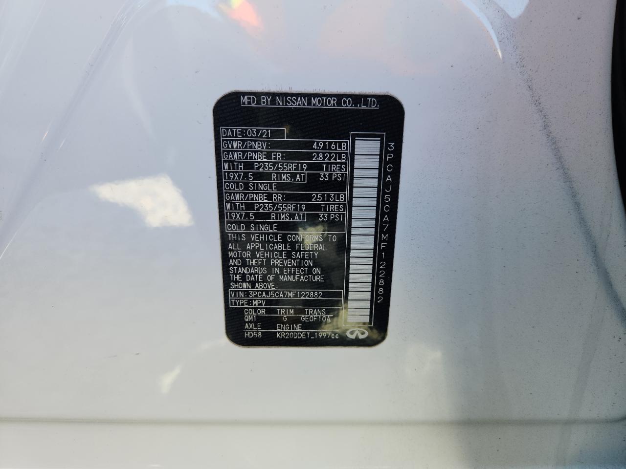 2021 Infiniti Qx50 Essential VIN: 3PCAJ5CA7MF122882 Lot: 91001955