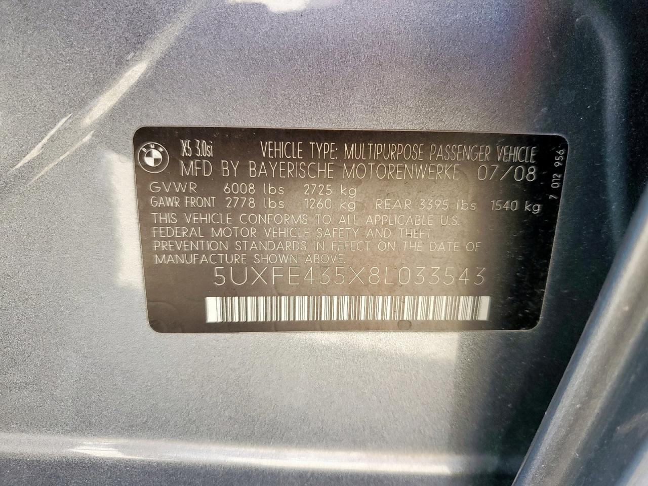 2008 BMW X5 3.0I VIN: 5UXFE435X8L033543 Lot: 90516265