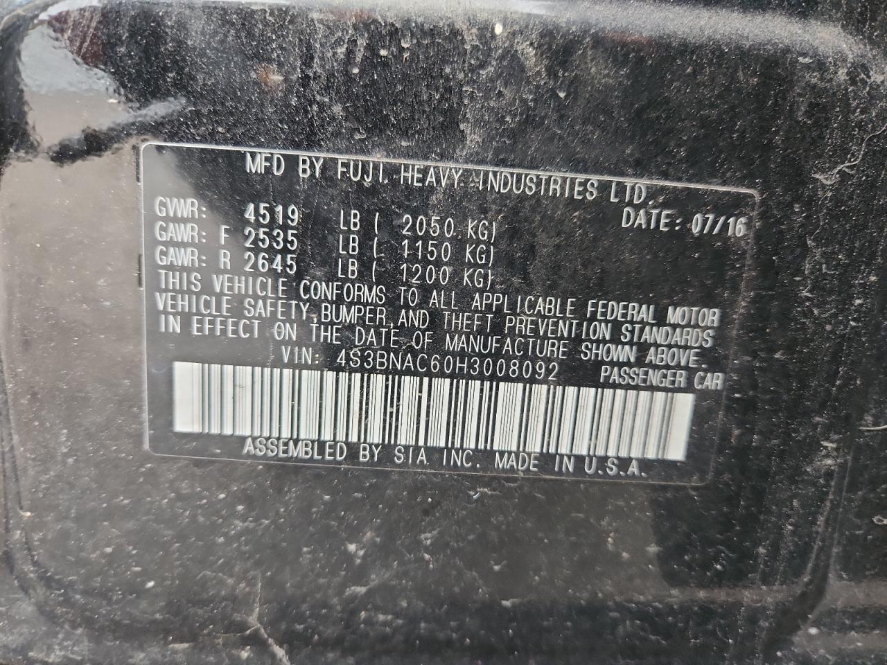 2017 Subaru Legacy 2.5I Premium VIN: 4S3BNAC60H3008092 Lot: 92789825