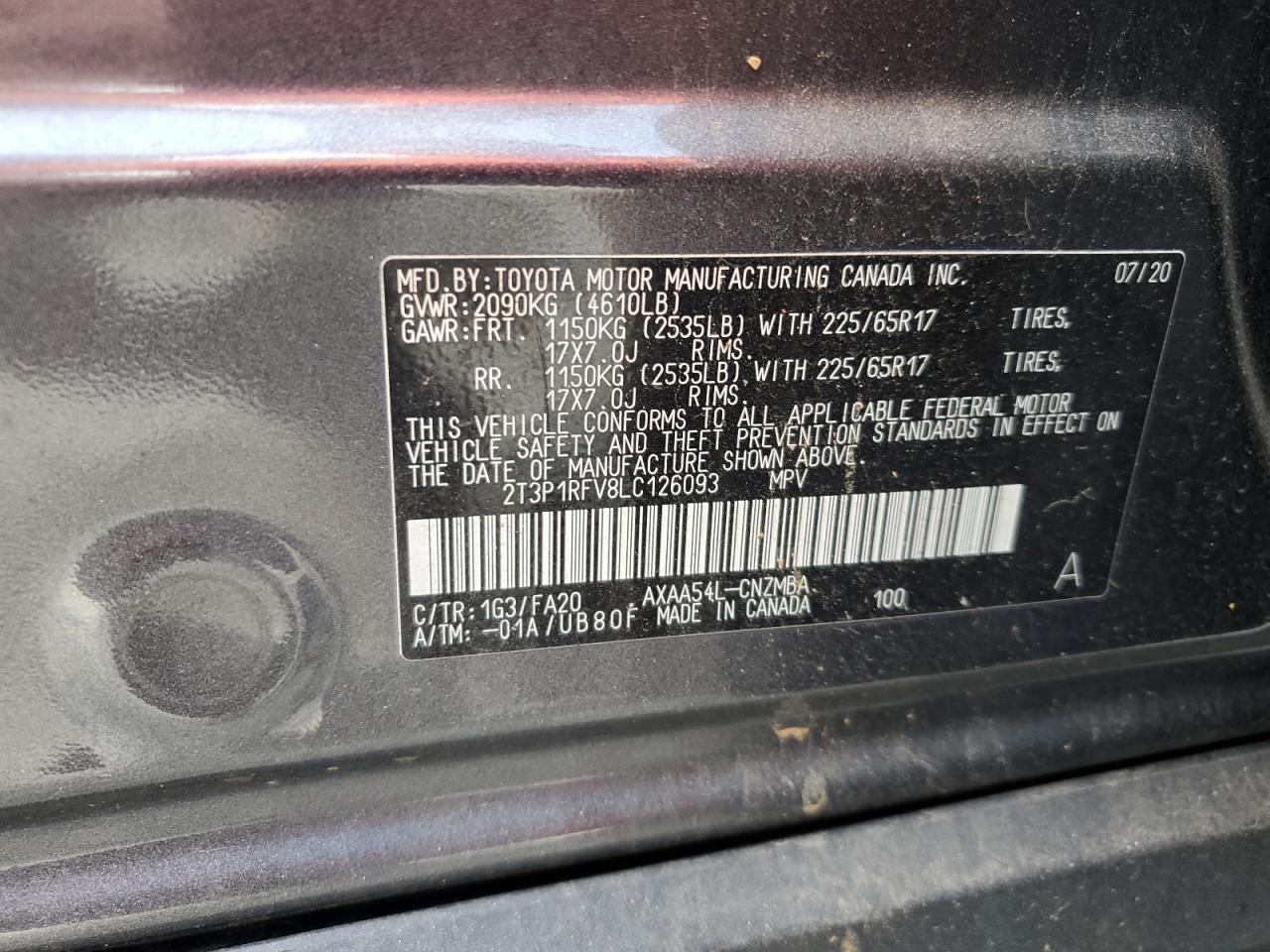 2020 Toyota Rav4 Xle VIN: 2T3P1RFV8LC126093 Lot: 93647495