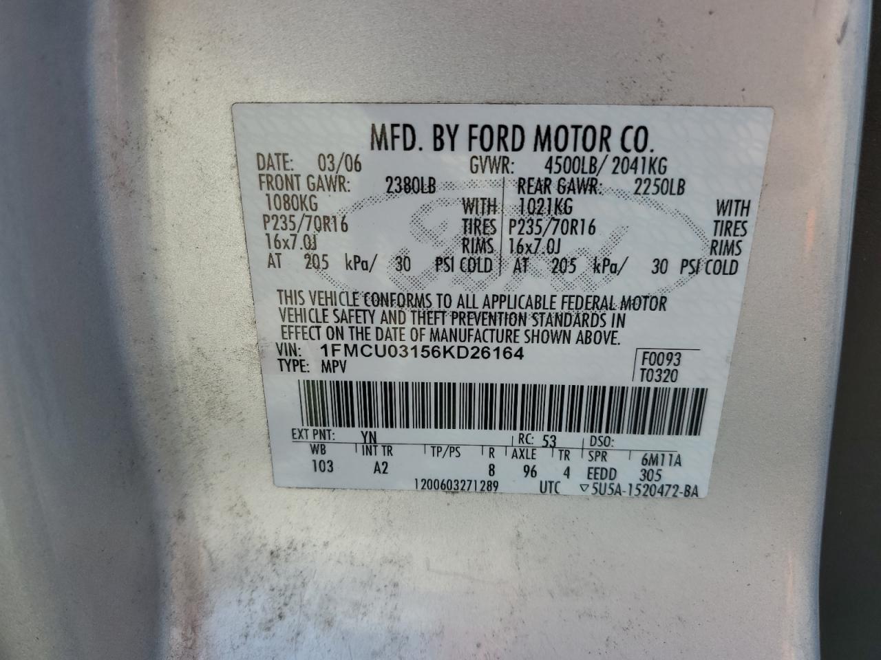 2006 Ford Escape Xlt VIN: 1FMCU03156KD26164 Lot: 91816875