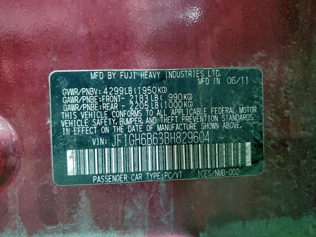 2011 Subaru Impreza 2.5I Premium VIN: JF1GH6B63BH829604 Lot: 94431535