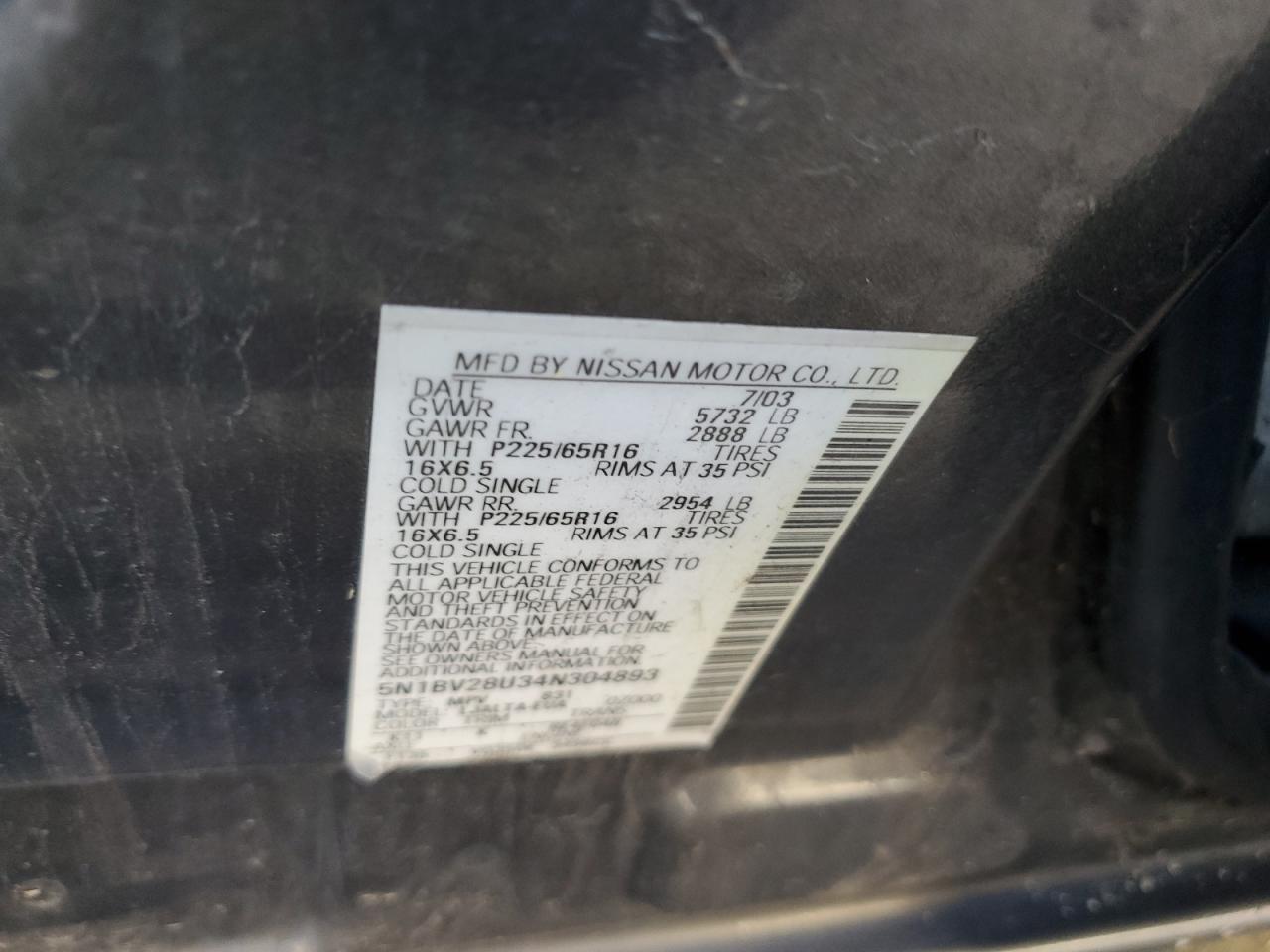 2004 Nissan Quest S VIN: 5N1BV28U34N304893 Lot: 91567415