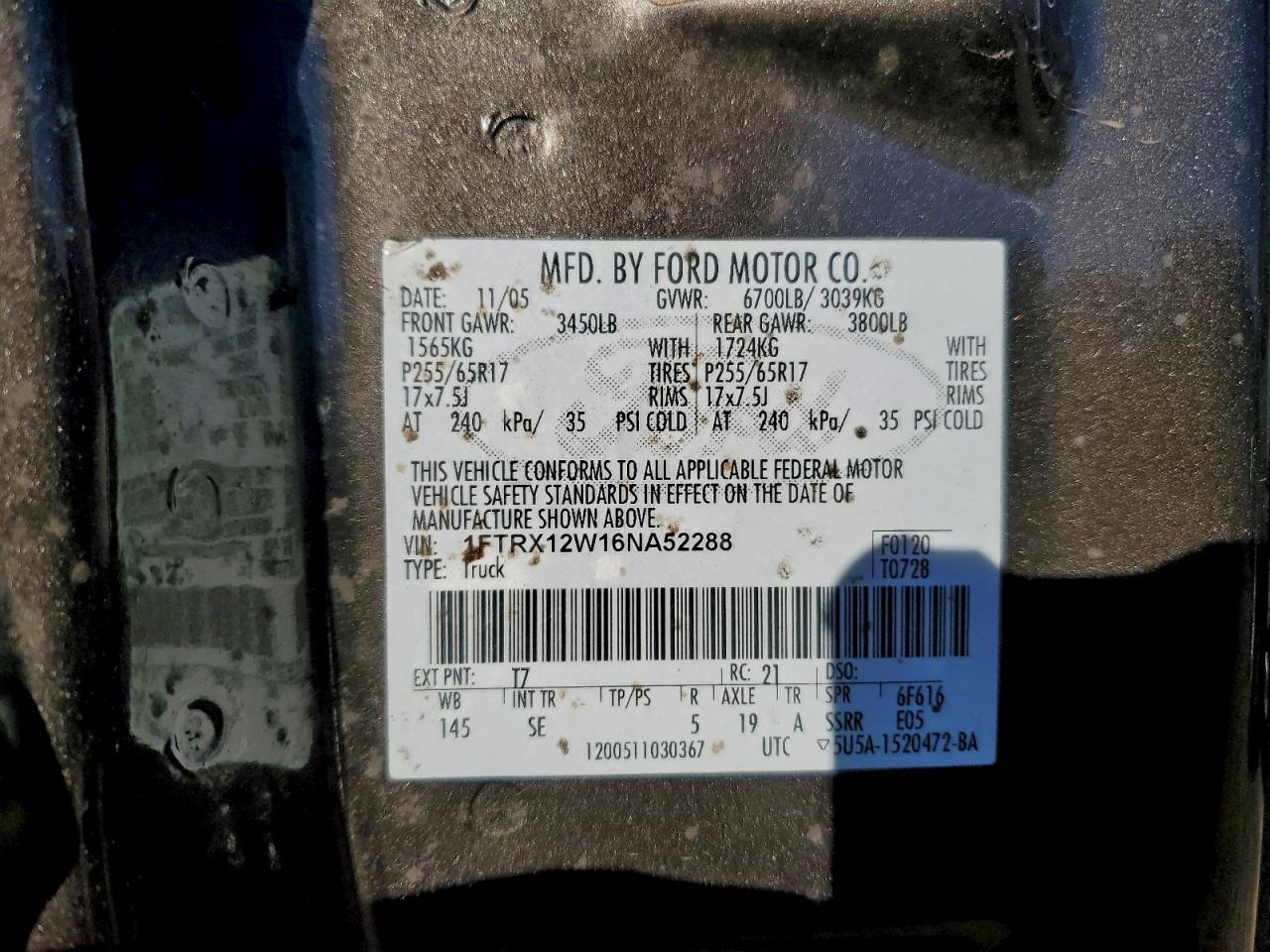 2006 Ford F150 VIN: 1FTRX12W16NA52288 Lot: 93756815
