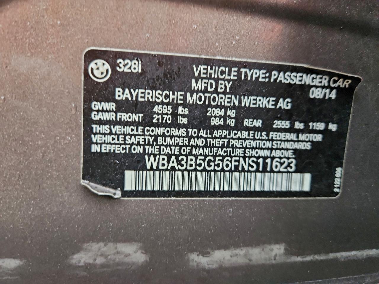 2015 BMW 328 Xi Sulev VIN: WBA3B5G56FNS11623 Lot: 94414685