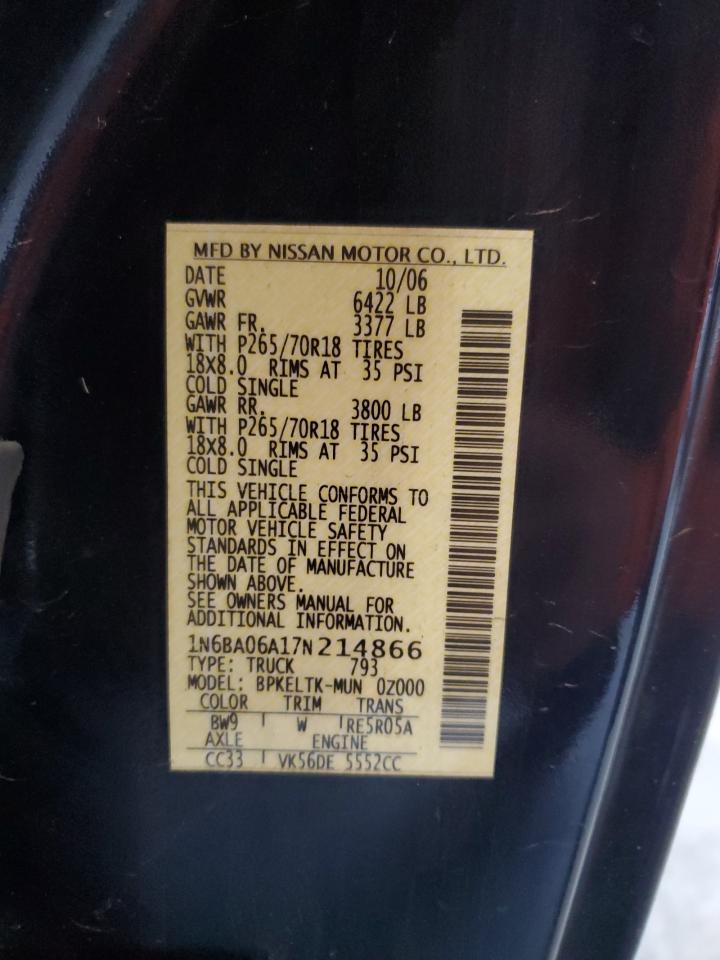 2007 Nissan Titan Xe VIN: 1N6BA06A17N214866 Lot: 92467135