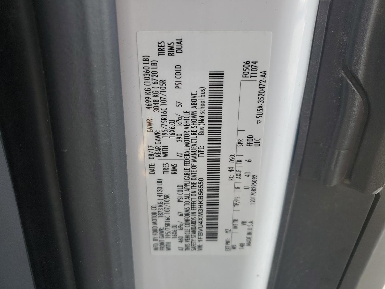 2017 Ford Transit T-350 Hd VIN: 1FBVU4XM3HKB56550 Lot: 92086705