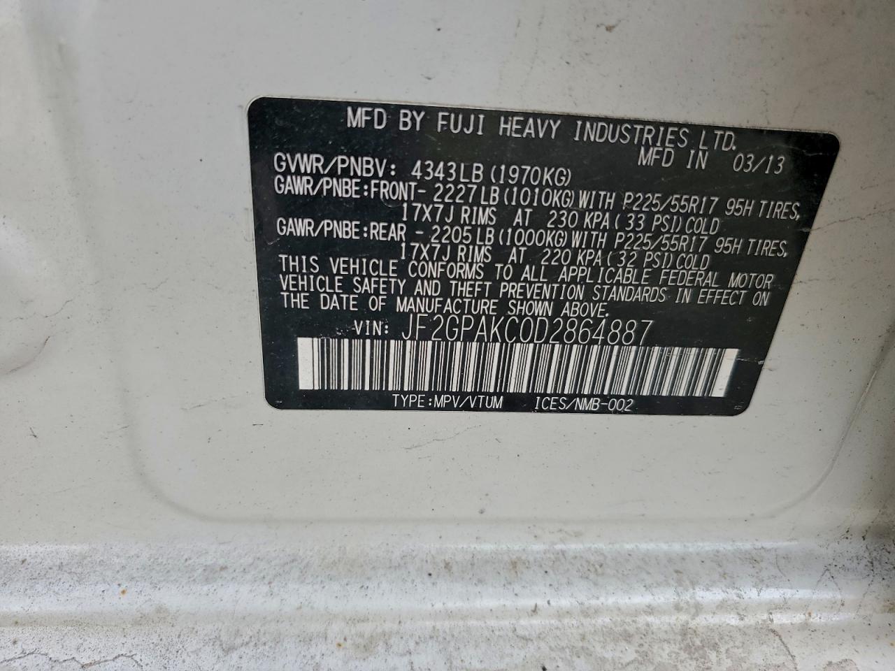 2013 Subaru Xv Crosstrek 2.0 Limited VIN: JF2GPAKC0D2864887 Lot: 93942515