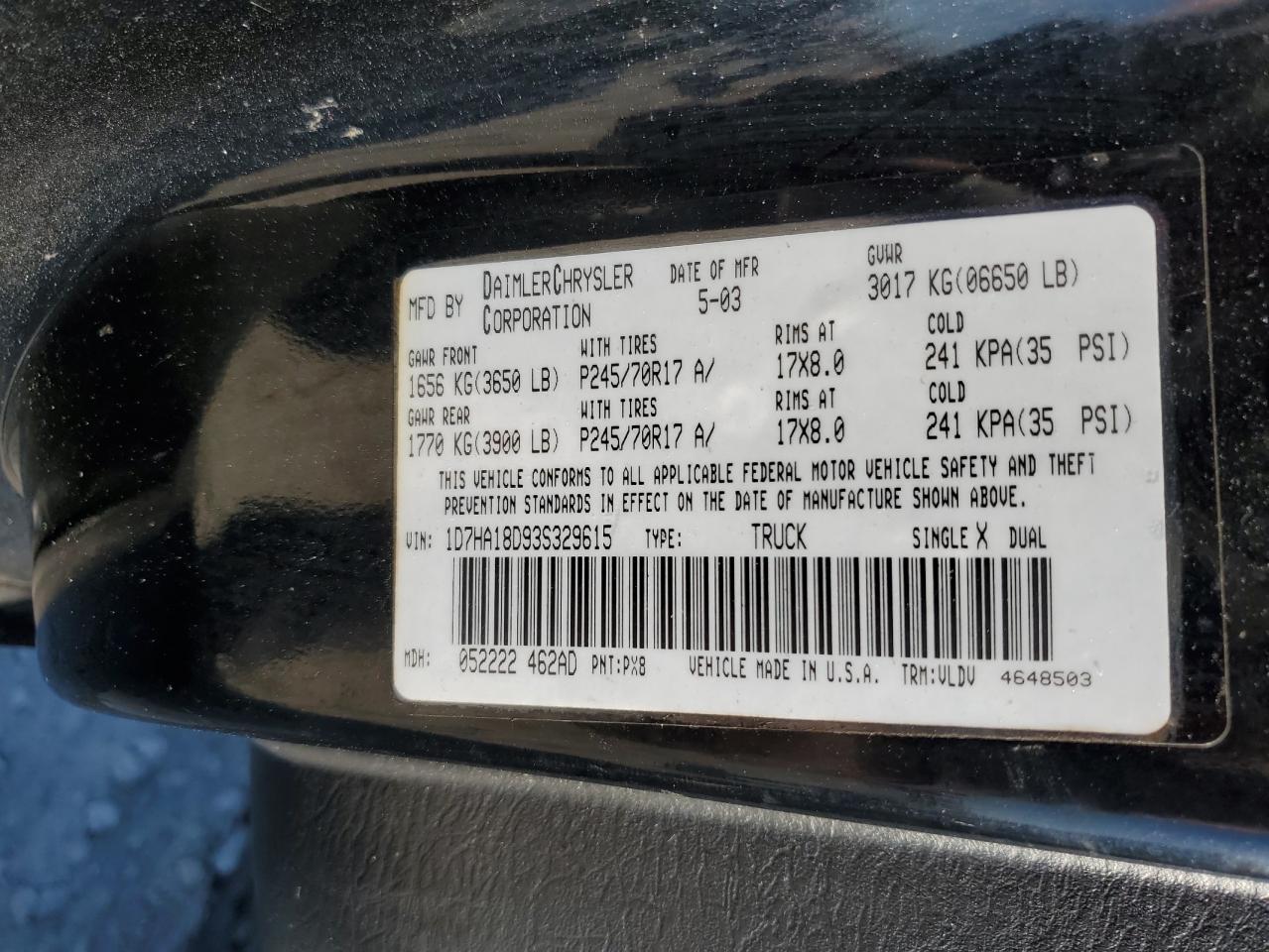 2003 Dodge Ram 1500 St VIN: 1D7HA18D93S329615 Lot: 93154355