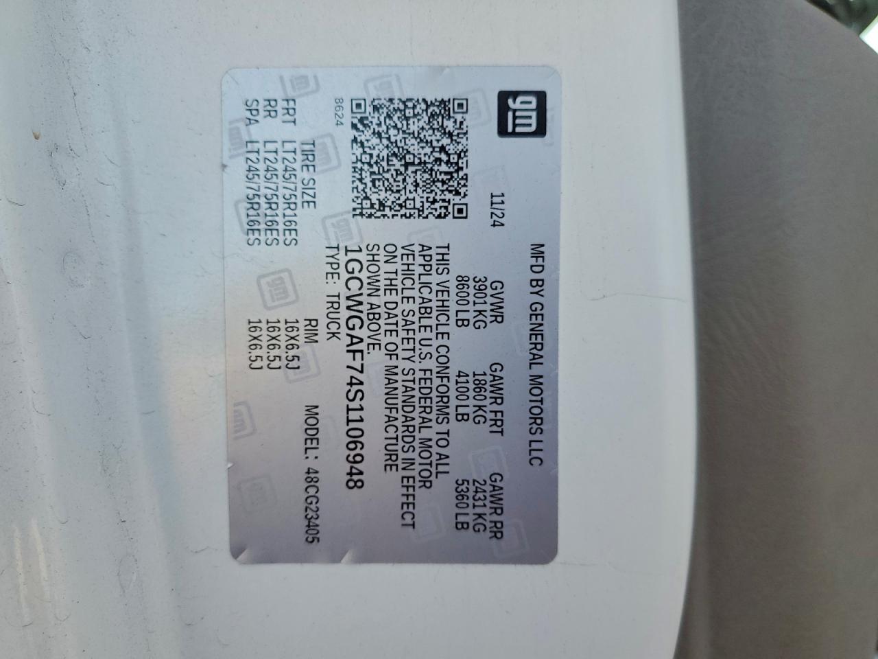 2025 Chevrolet Express G2500 VIN: 1GCWGAF74S1106948 Lot: 94179565