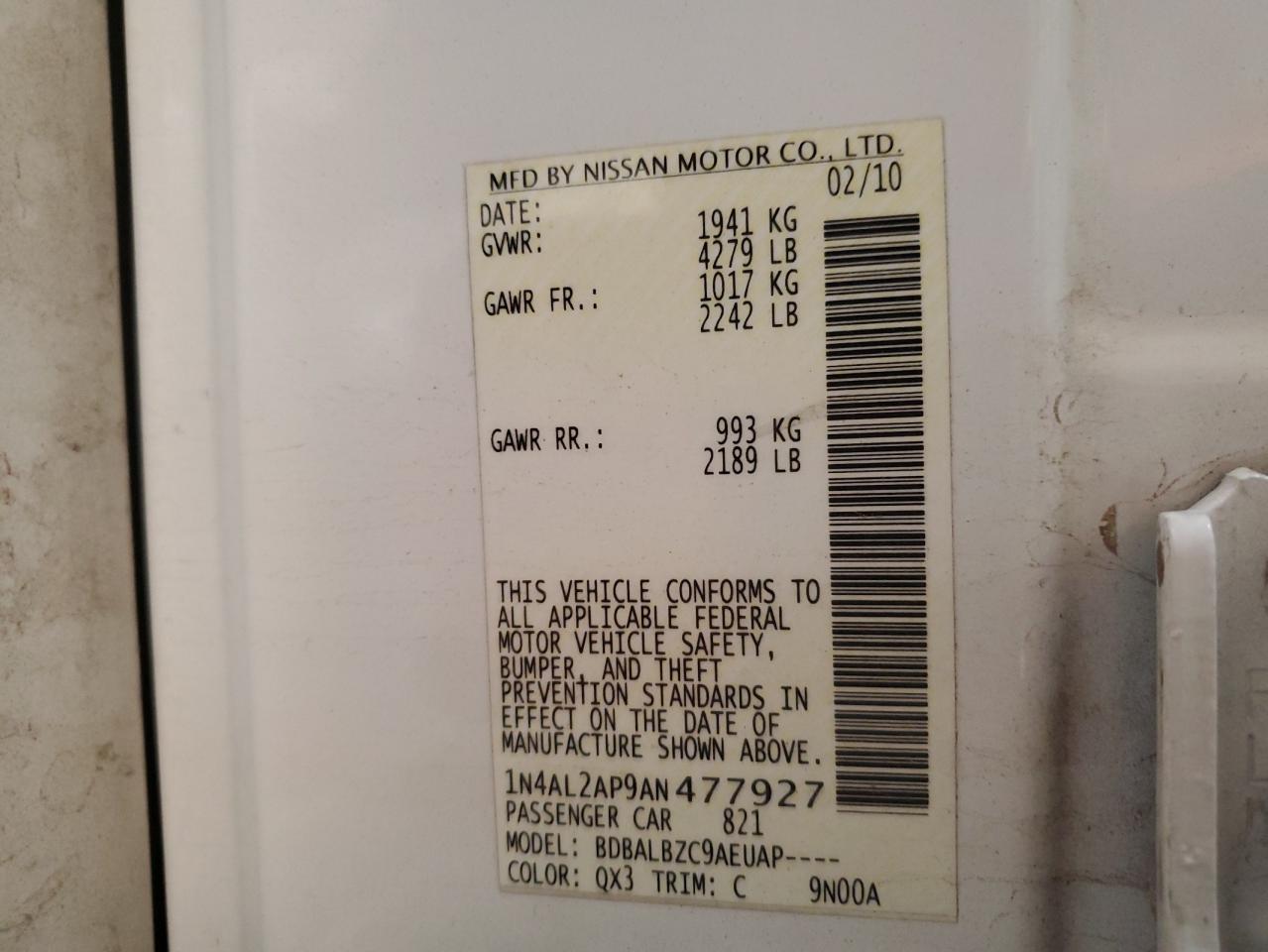 2010 Nissan Altima Base VIN: 1N4AL2AP9AN477927 Lot: 91339615