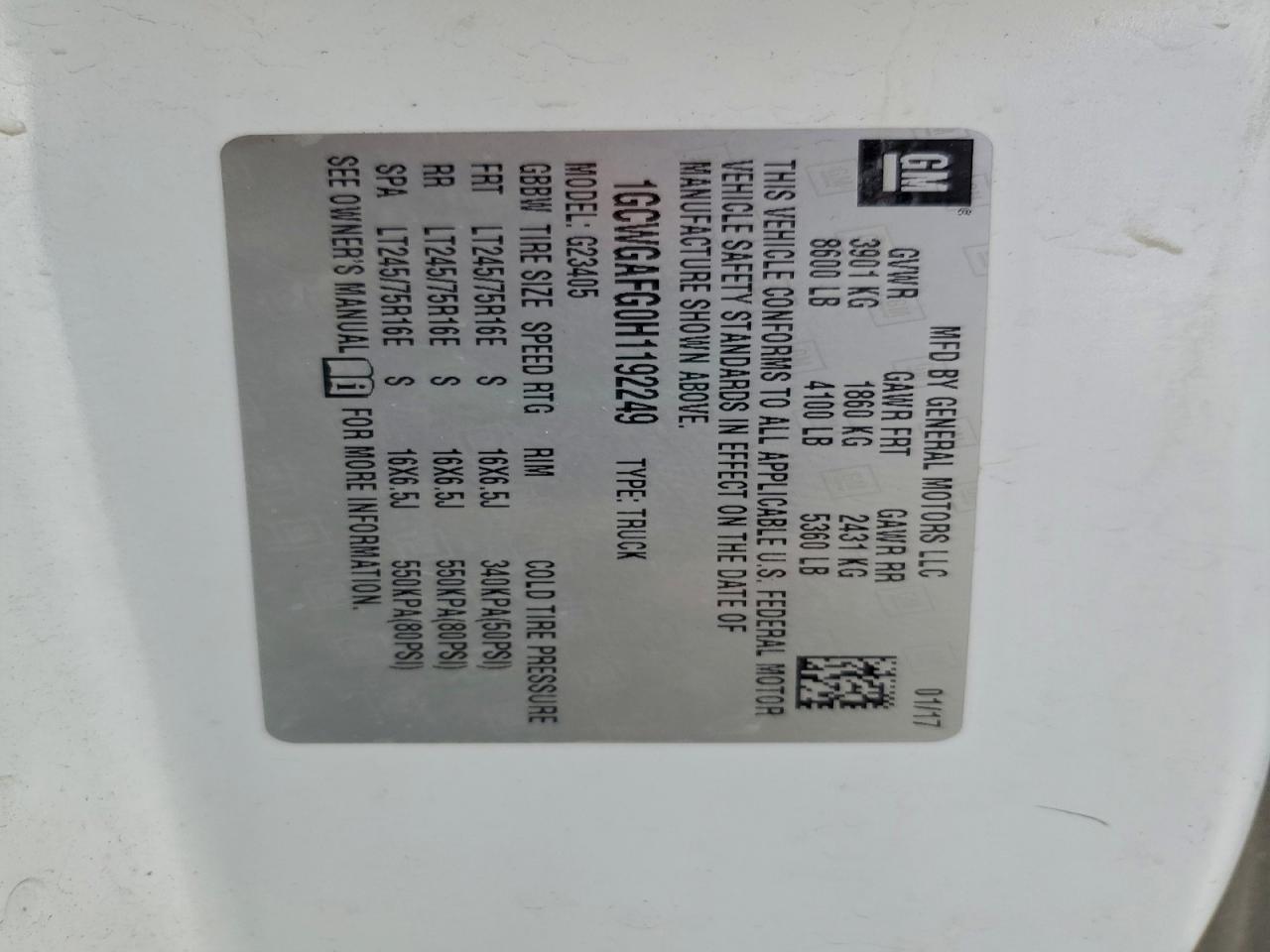 2017 Chevrolet Express G2500 VIN: 1GCWGAFG0H1192249 Lot: 94146135