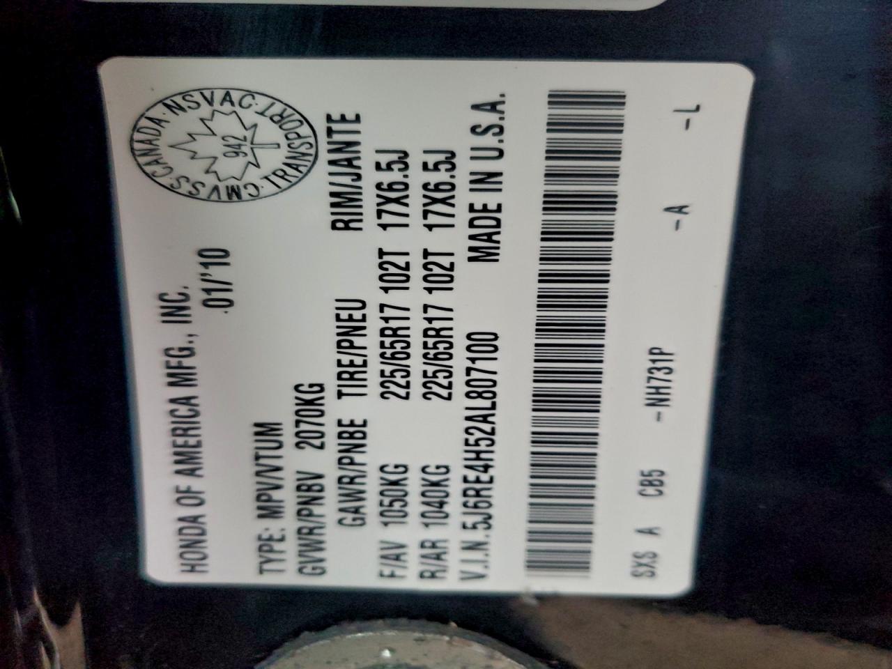 2010 Honda Cr-V Ex VIN: 5J6RE4H52AL807100 Lot: 94091345