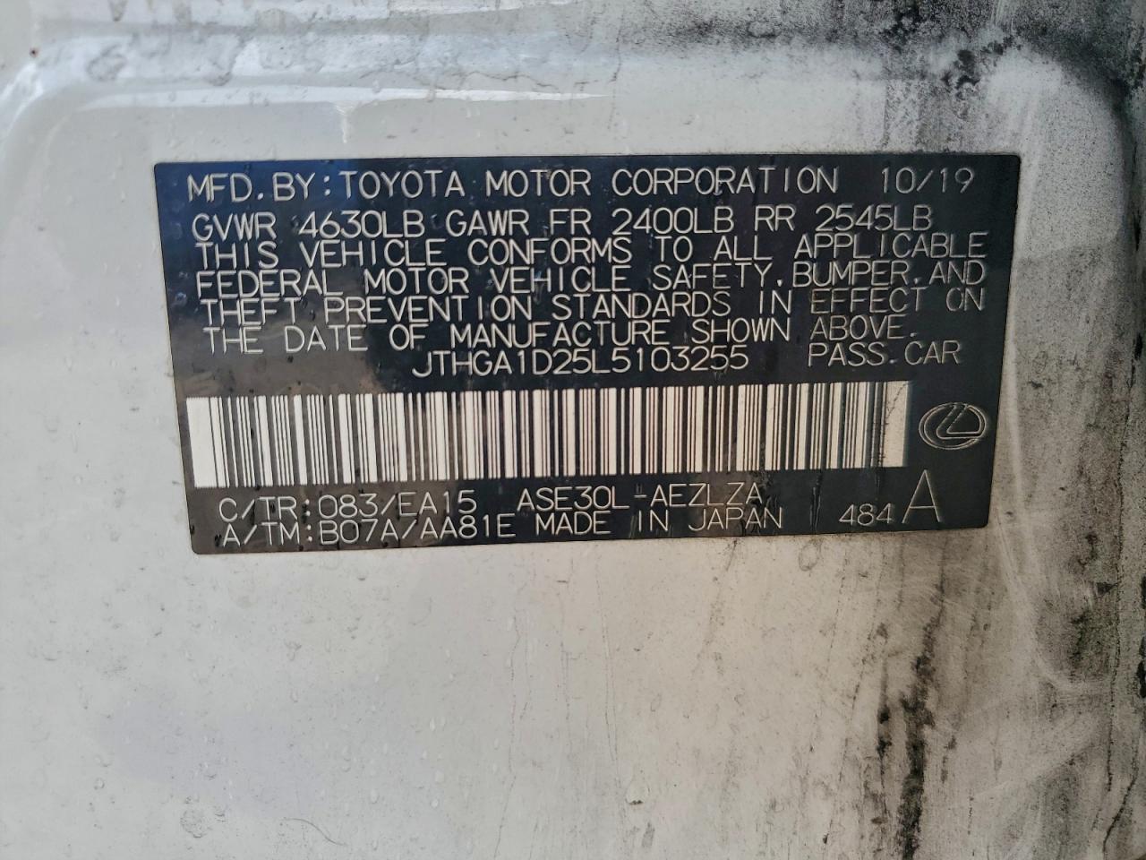 2020 Lexus Is 300 F Sport VIN: JTHGA1D25L5103255 Lot: 93404775