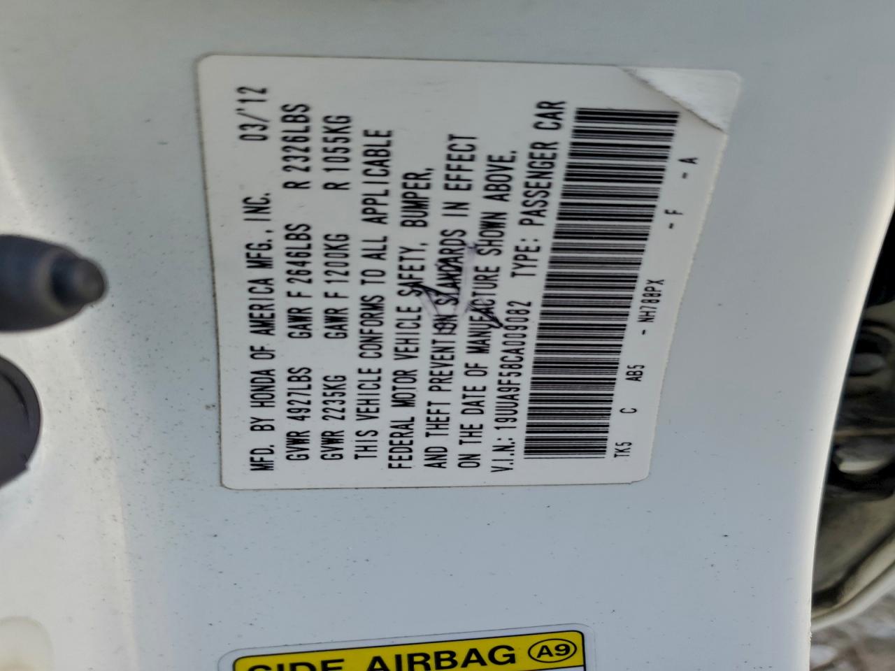 2012 Acura Tl VIN: 19UUA9F58CA009082 Lot: 93901995